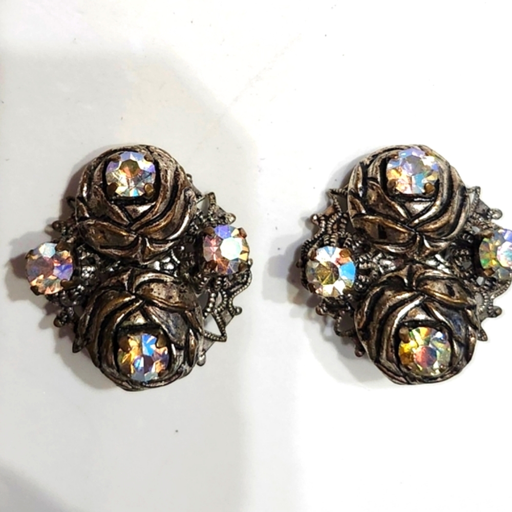 Vtg West German AB Rose Clip Earrings